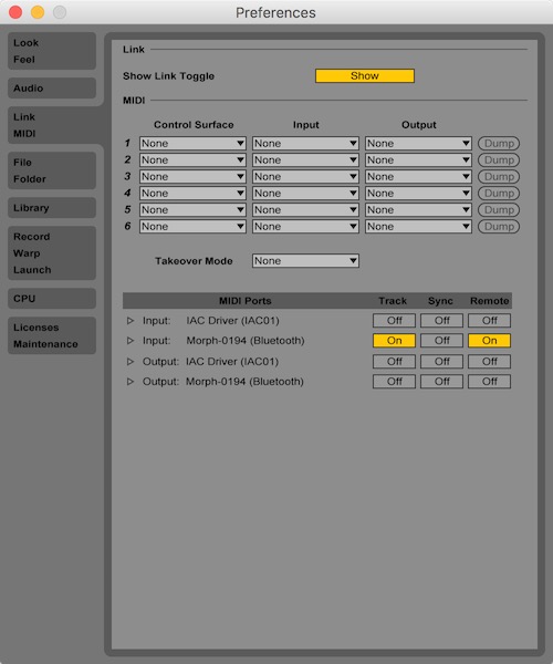 Ableton Live Preferences for Sensel Morph Bluetooth connection