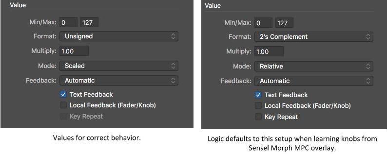 Apple Logic midi type correct and incorrect settings