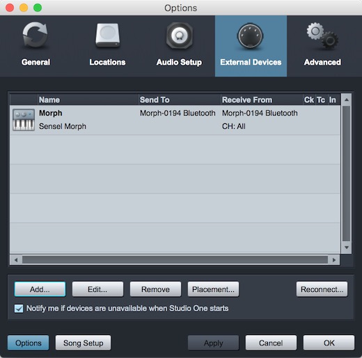 Presonus StudioOne 2 Preferences for Sensel Morph Bluetooth connection