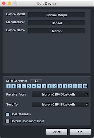 Presonus StudioOne 2 Add Keyboard for Sensel Morph Bluetooth connection