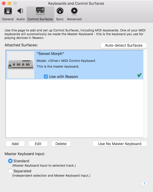 Propellerheads Reason Preferences for Sensel Morph Bluetooth connection