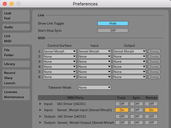 Ableton Live preferences for Control Surface Script for Morph