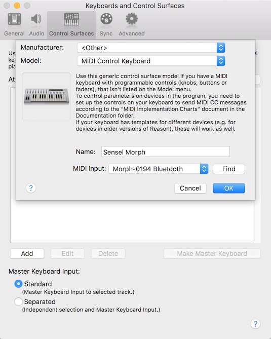 Propellerheads Reason Add Keyboard for Sensel Morph Bluetooth connection